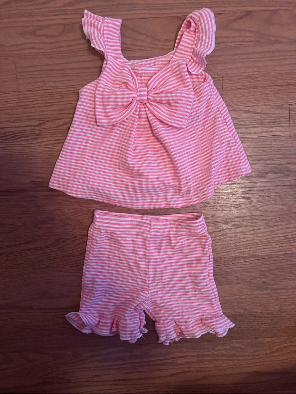 Girls Pink Striped Bow Tank Top - Cute Ruffle Shoulder